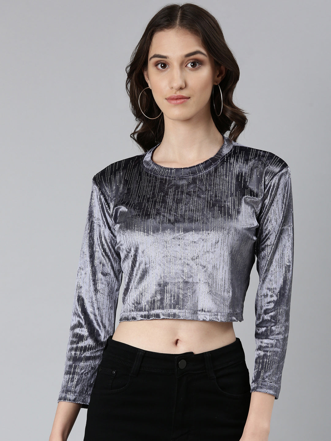 Women's Grey Round Neck Studded Velvet Crop Top