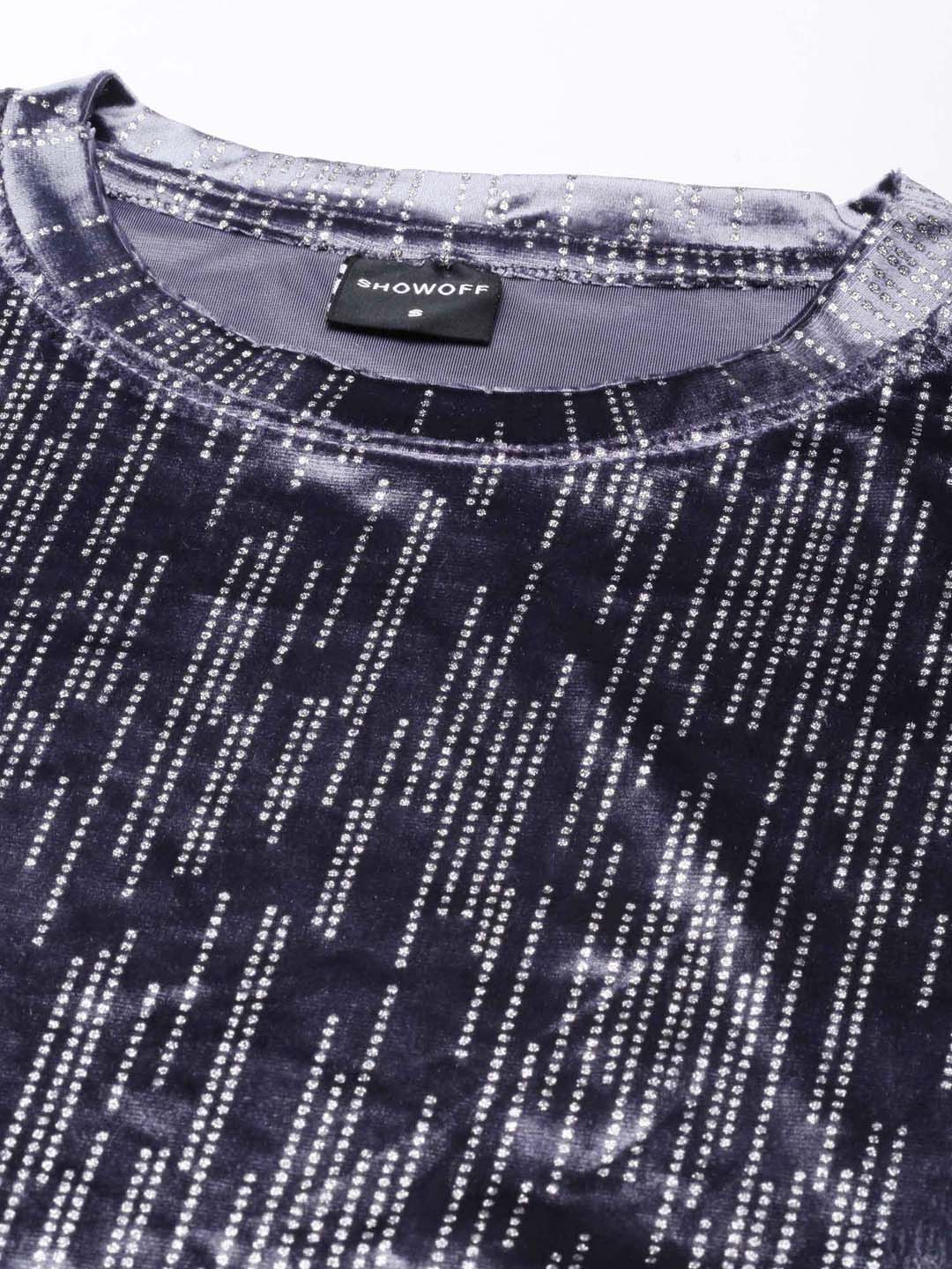 Women's Grey Round Neck Studded Velvet Crop Top