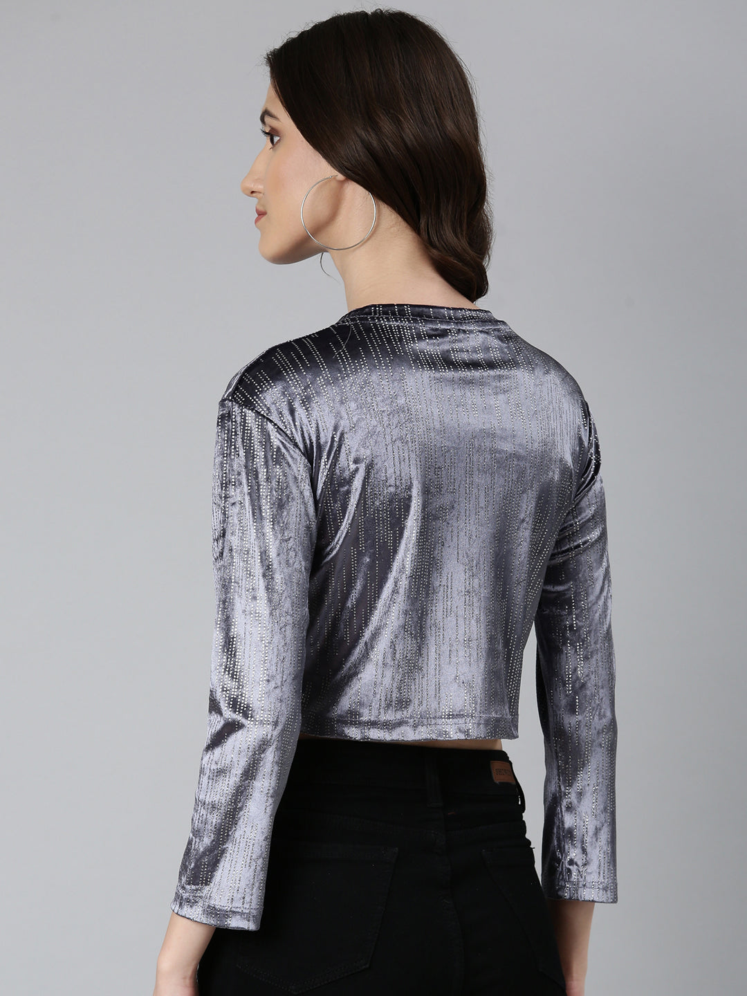 Women's Grey Round Neck Studded Velvet Crop Top