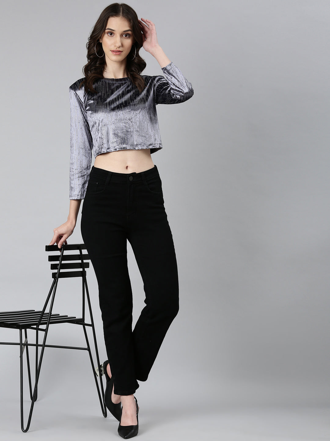 Women's Grey Round Neck Studded Velvet Crop Top