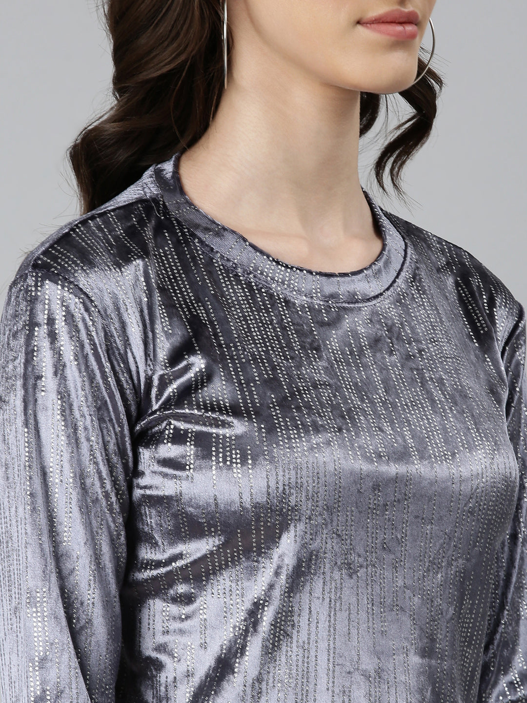 Women's Grey Round Neck Studded Velvet Crop Top