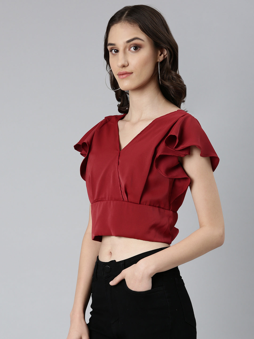 Women's Maroon Flutter Sleeve Crepe Styled Back Crop Top