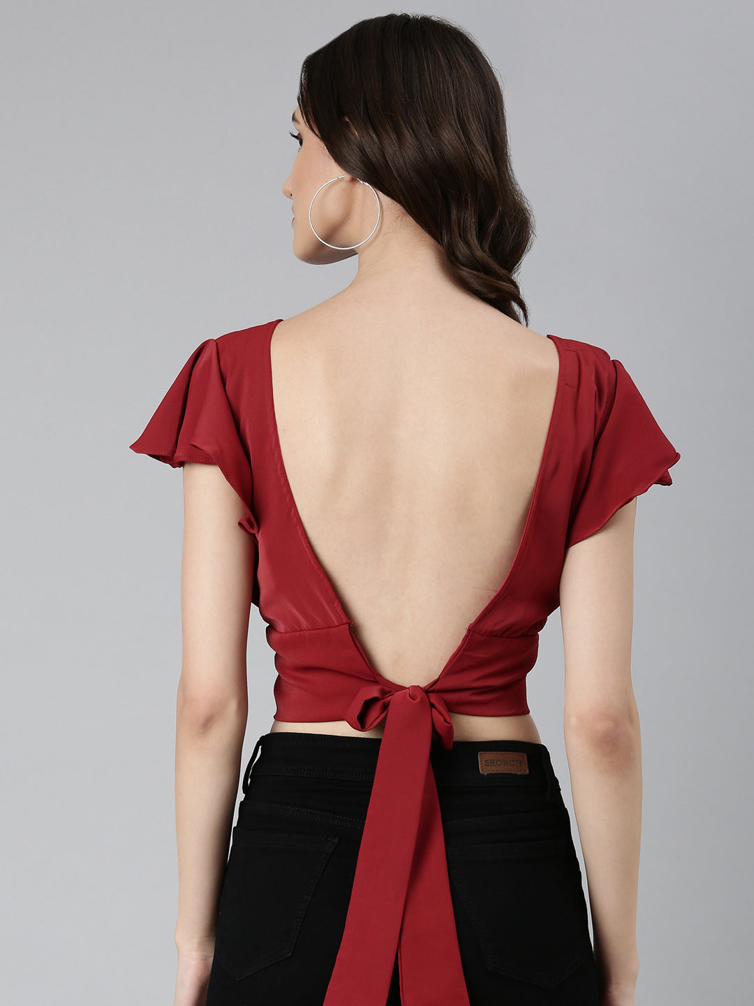 Women's Maroon Flutter Sleeve Crepe Styled Back Crop Top