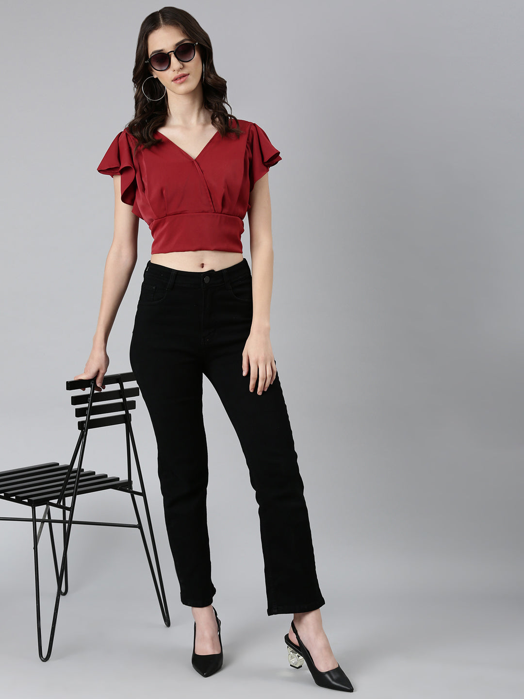 Women's Maroon Flutter Sleeve Crepe Styled Back Crop Top