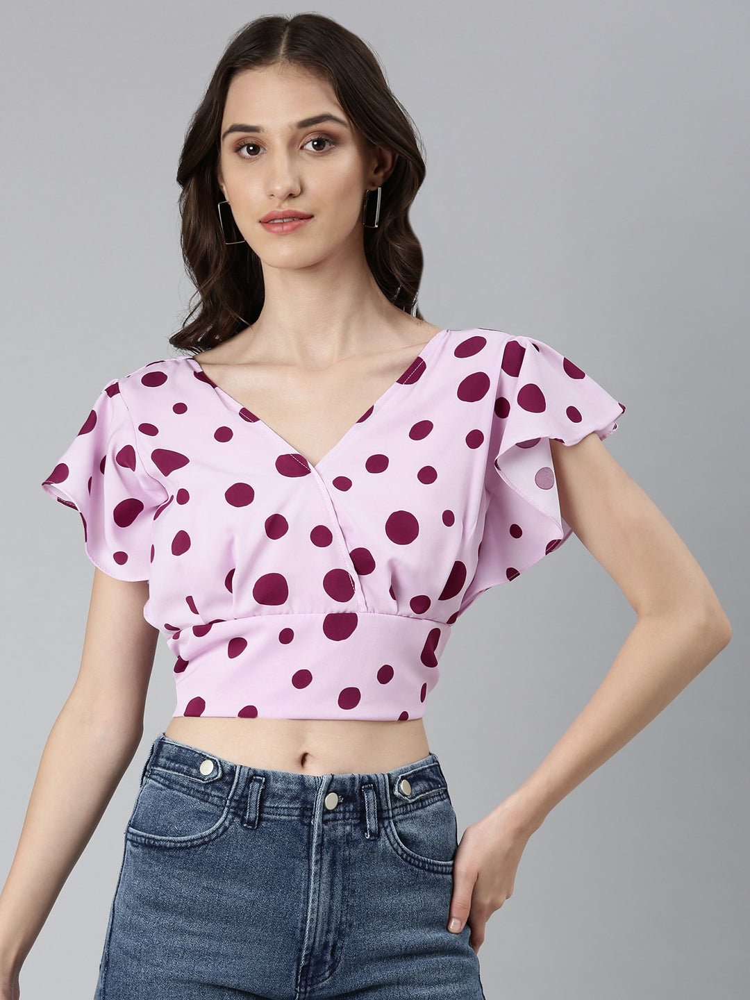 Women's Lavender Polka Dots Printed Styled Back Crop Top