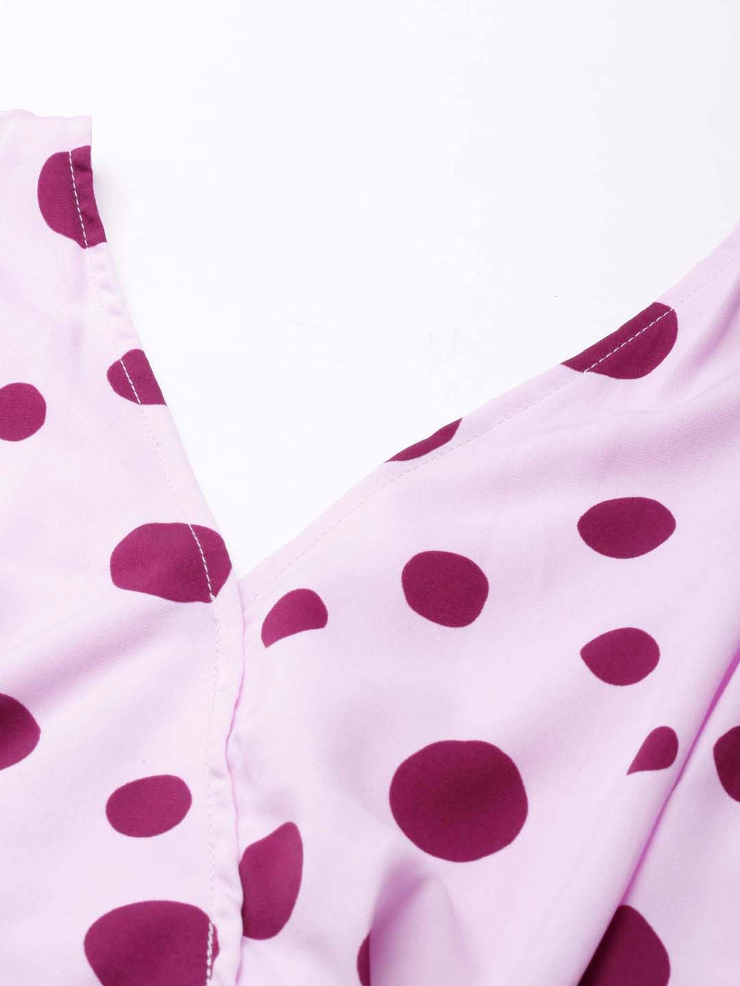Women's Lavender Polka Dots Printed Styled Back Crop Top
