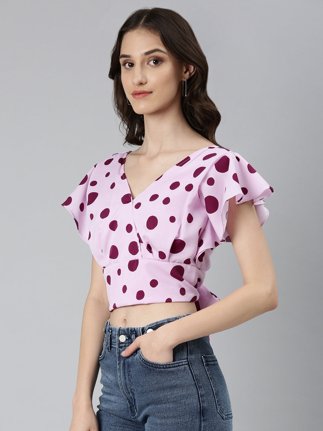 Women's Lavender Polka Dots Printed Styled Back Crop Top