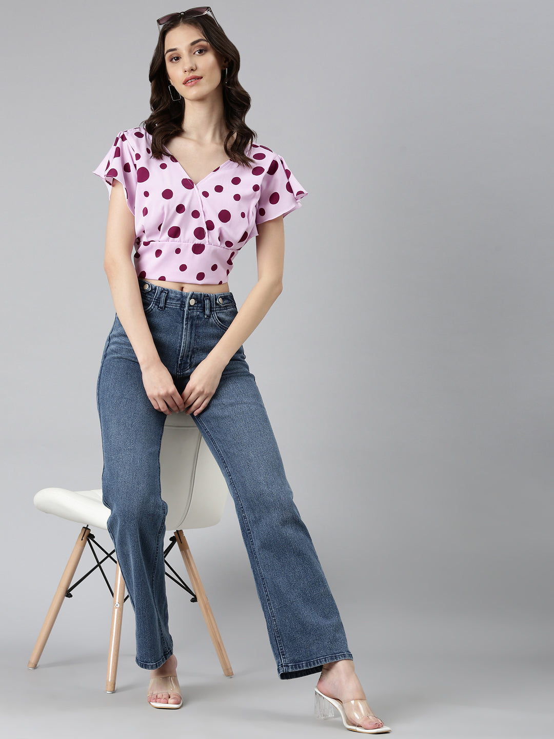 Women's Lavender Polka Dots Printed Styled Back Crop Top