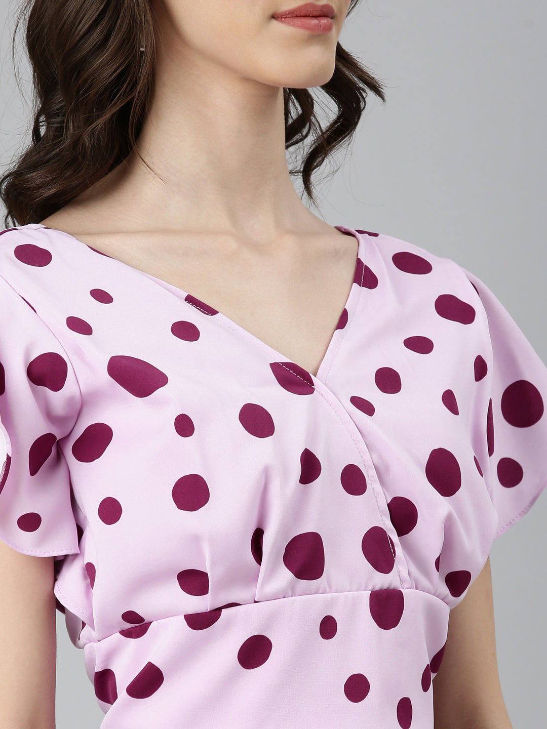 Women's Lavender Polka Dots Printed Styled Back Crop Top
