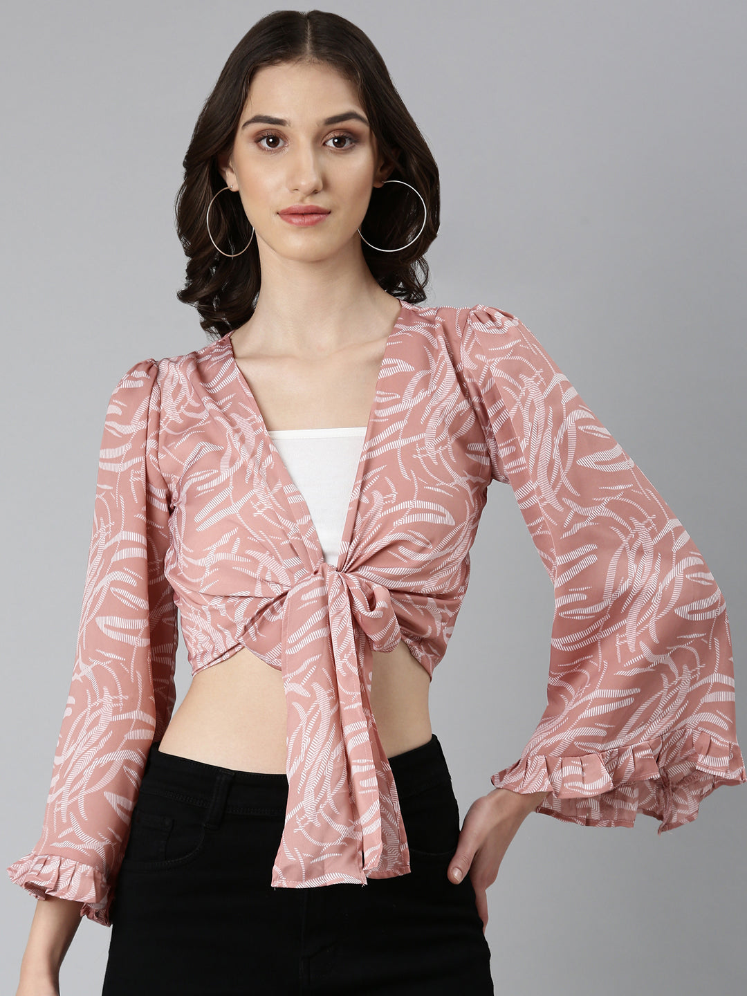 Women's Mauve Abstract Printed Flared Sleeves Tie-Ups Wrap Crop Top