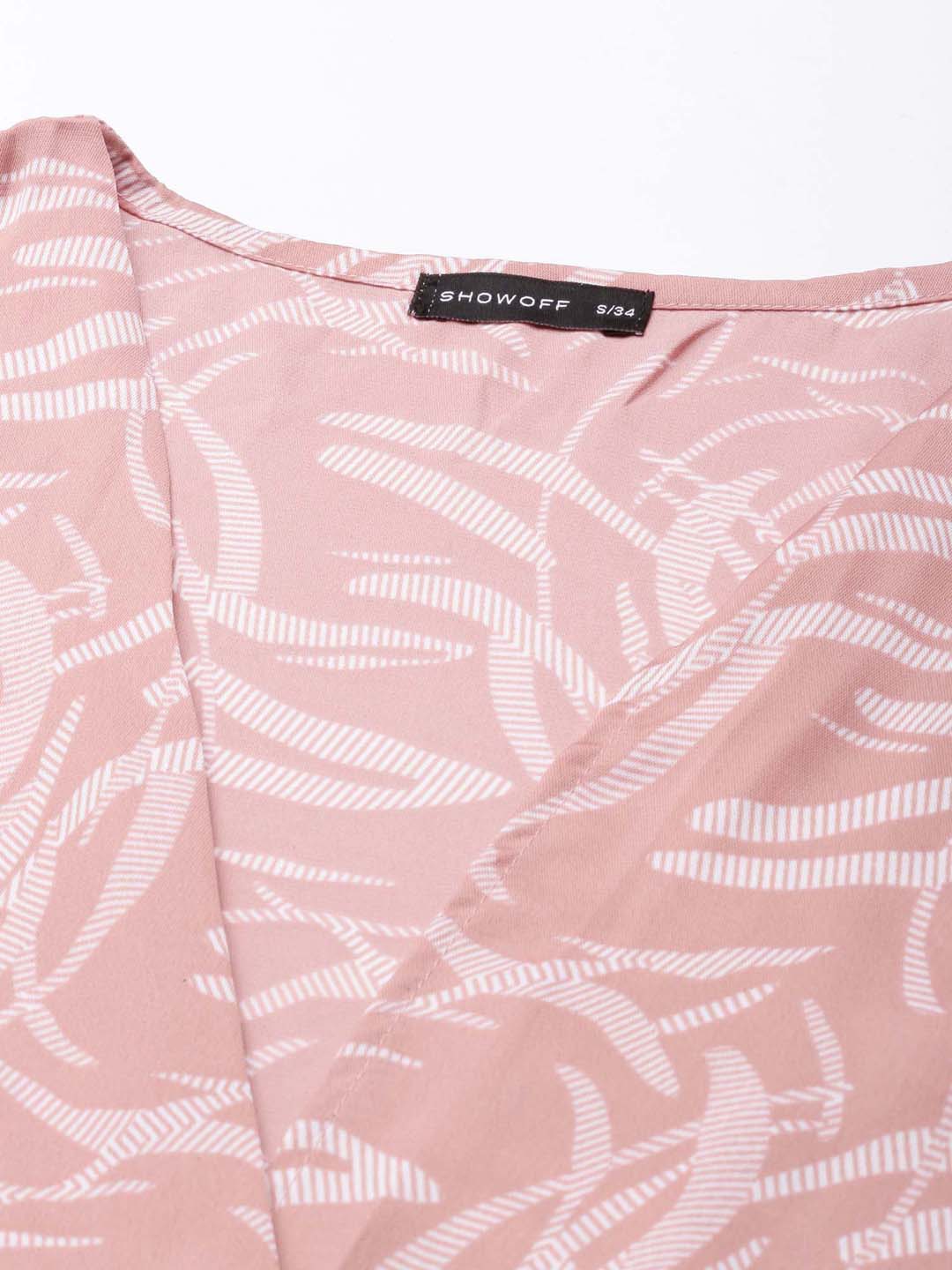 Women's Mauve Abstract Printed Flared Sleeves Tie-Ups Wrap Crop Top