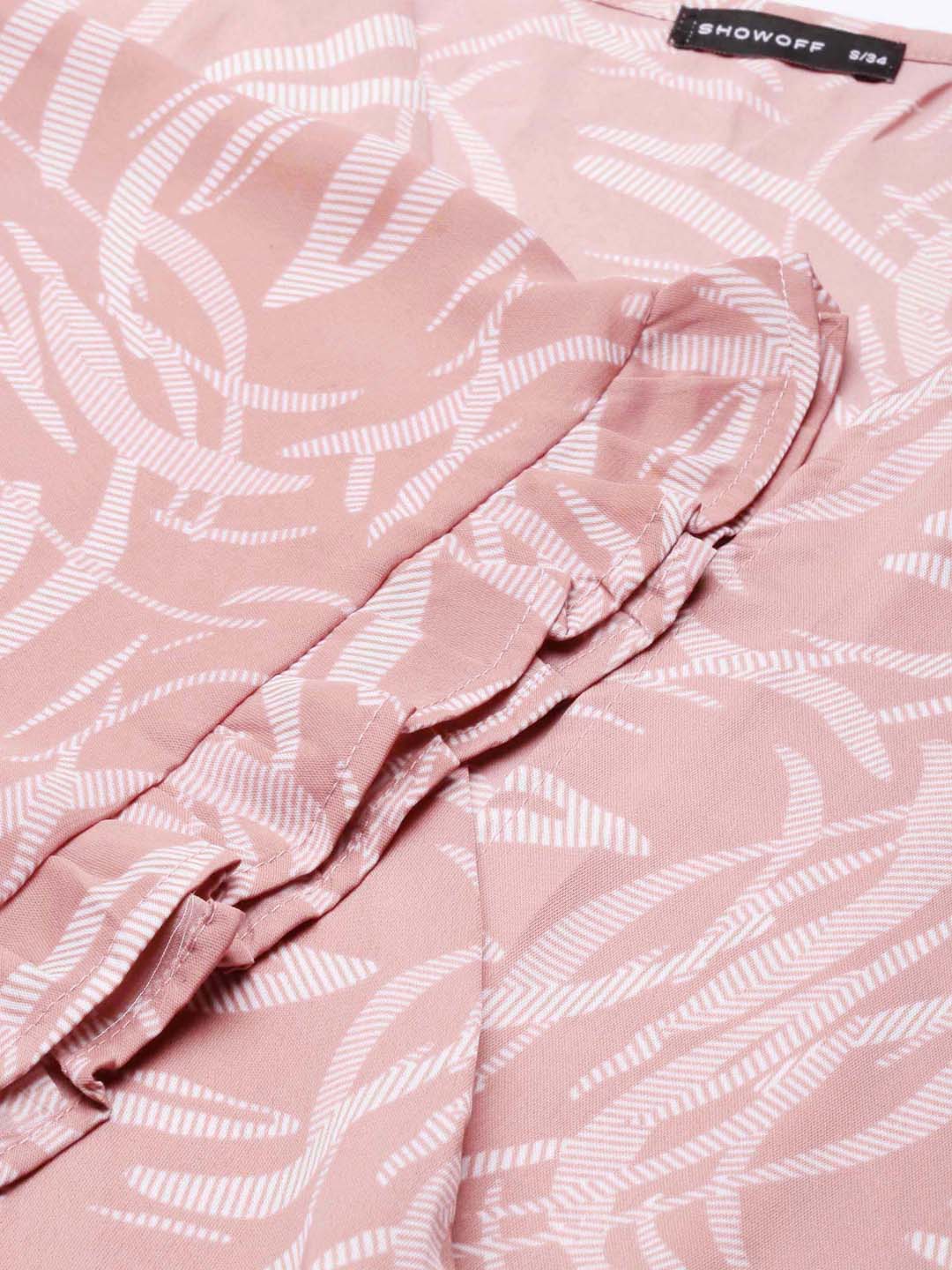 Women's Mauve Abstract Printed Flared Sleeves Tie-Ups Wrap Crop Top