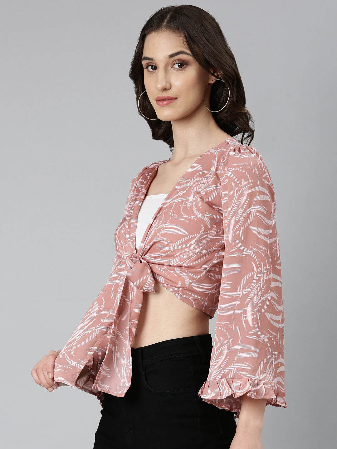 Women's Mauve Abstract Printed Flared Sleeves Tie-Ups Wrap Crop Top