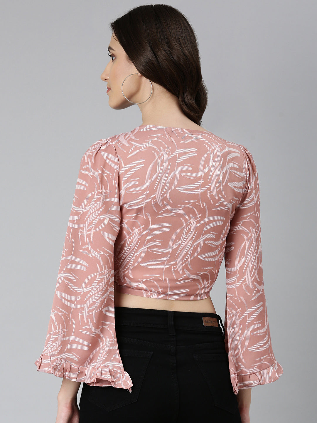 Women's Mauve Abstract Printed Flared Sleeves Tie-Ups Wrap Crop Top