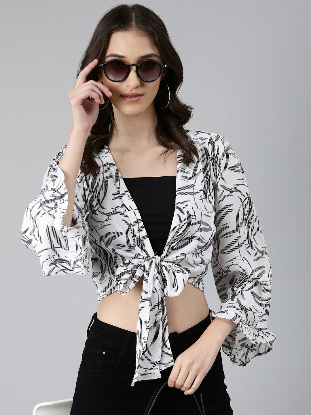 Women's Off White Abstract Printed Flared Sleeves Tie-Ups Wrap Crop Top