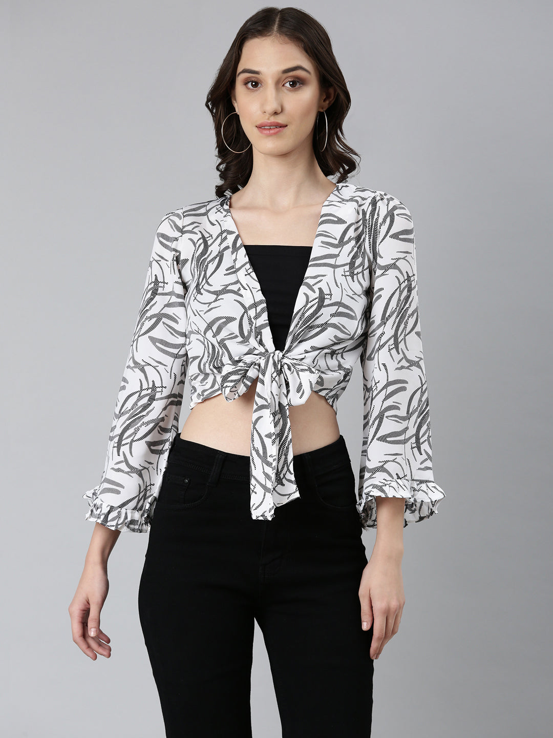 Women's Off White Abstract Printed Flared Sleeves Tie-Ups Wrap Crop Top