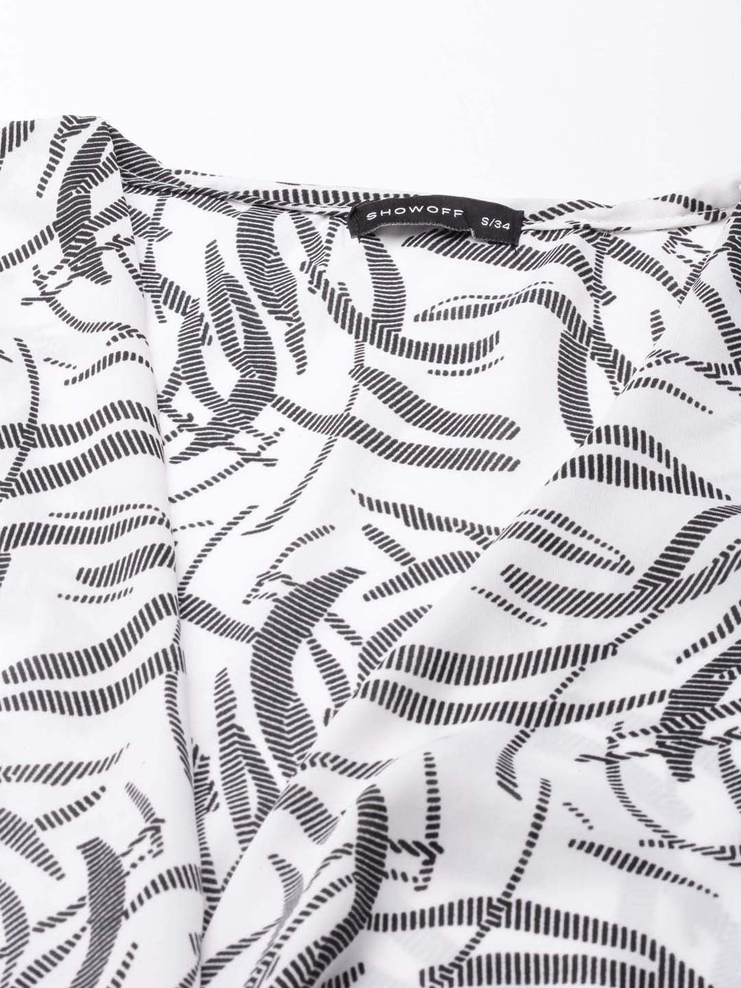 Women's Off White Abstract Printed Flared Sleeves Tie-Ups Wrap Crop Top