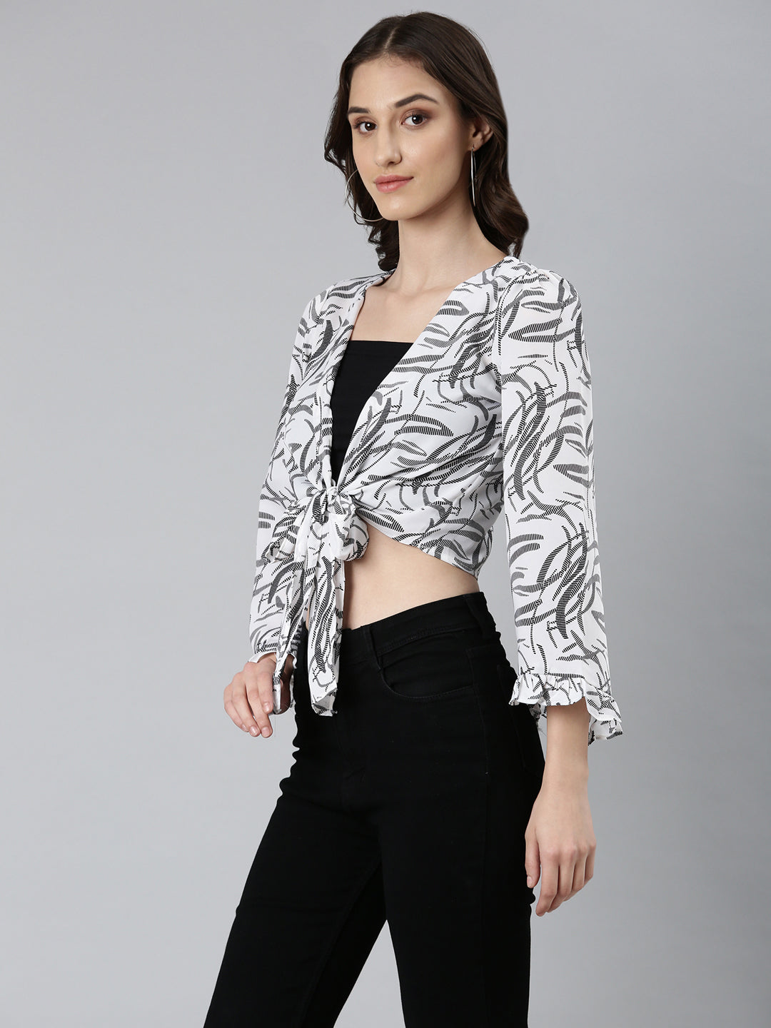 Women's Off White Abstract Printed Flared Sleeves Tie-Ups Wrap Crop Top