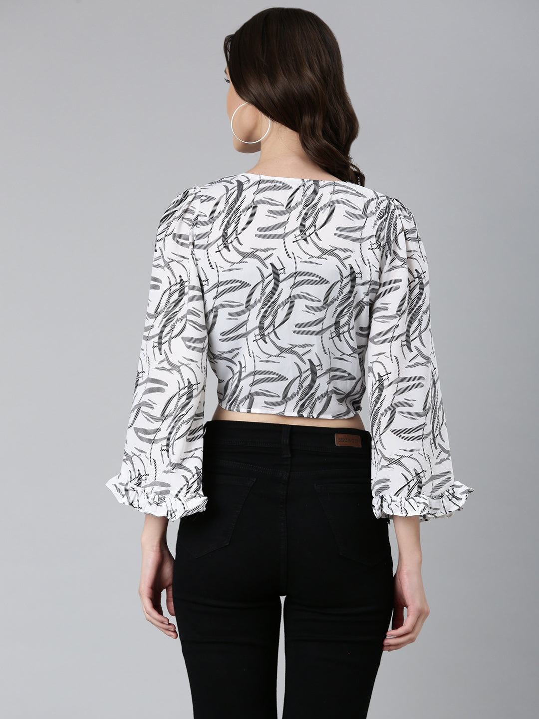 Women's Off White Abstract Printed Flared Sleeves Tie-Ups Wrap Crop Top