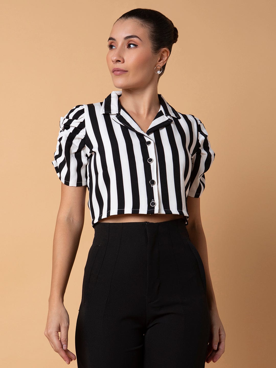 Women's Black Vertical Striped Lapel Collar Cotton Top
