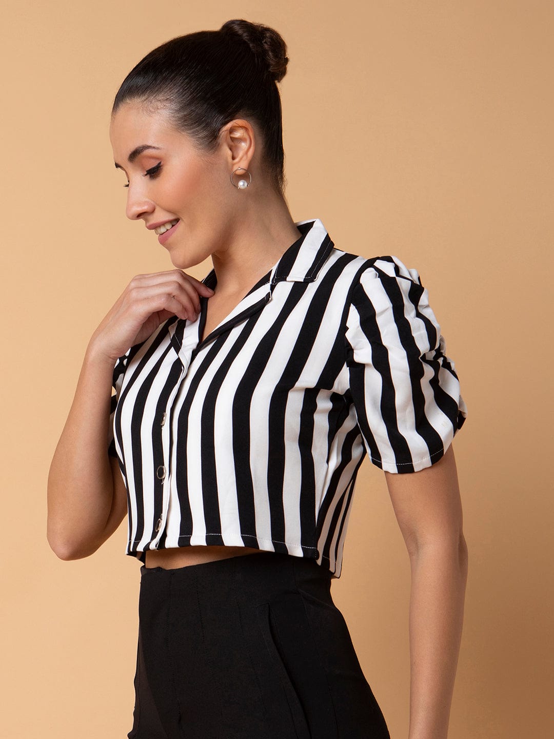 Women's Black Vertical Striped Lapel Collar Cotton Top
