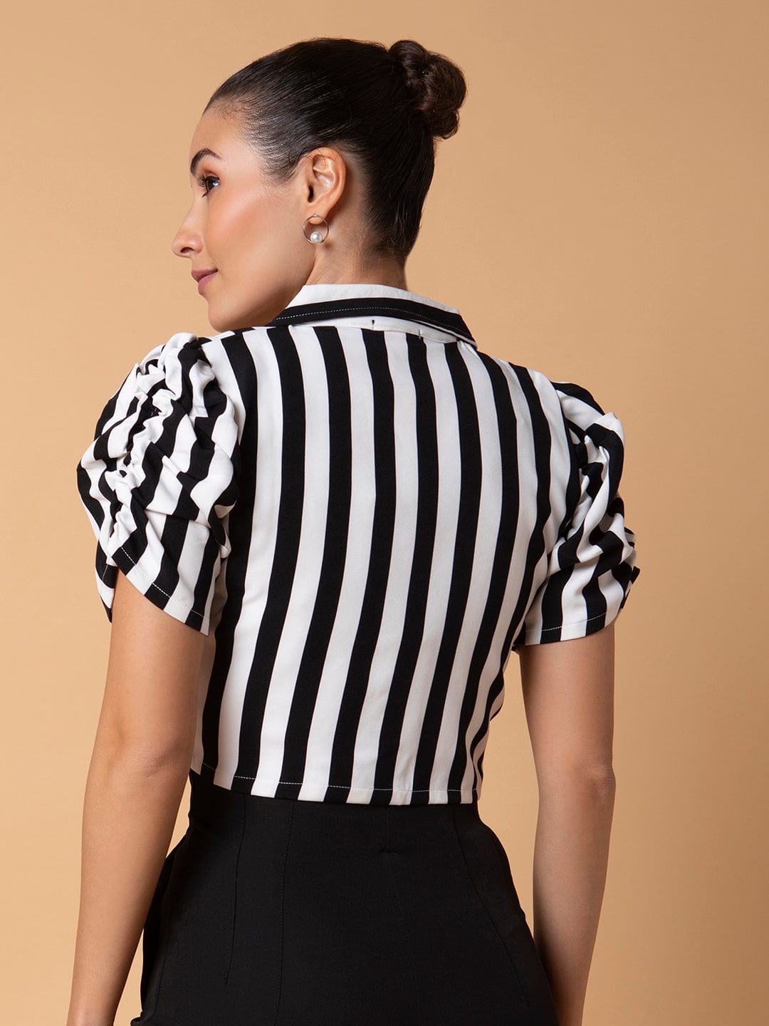 Women's Black Vertical Striped Lapel Collar Cotton Top