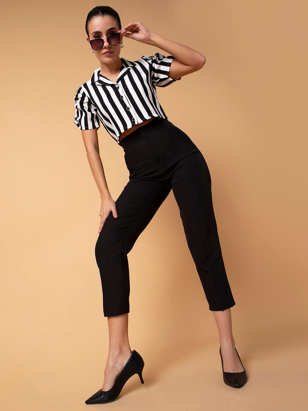 Women's Black Vertical Striped Lapel Collar Cotton Top