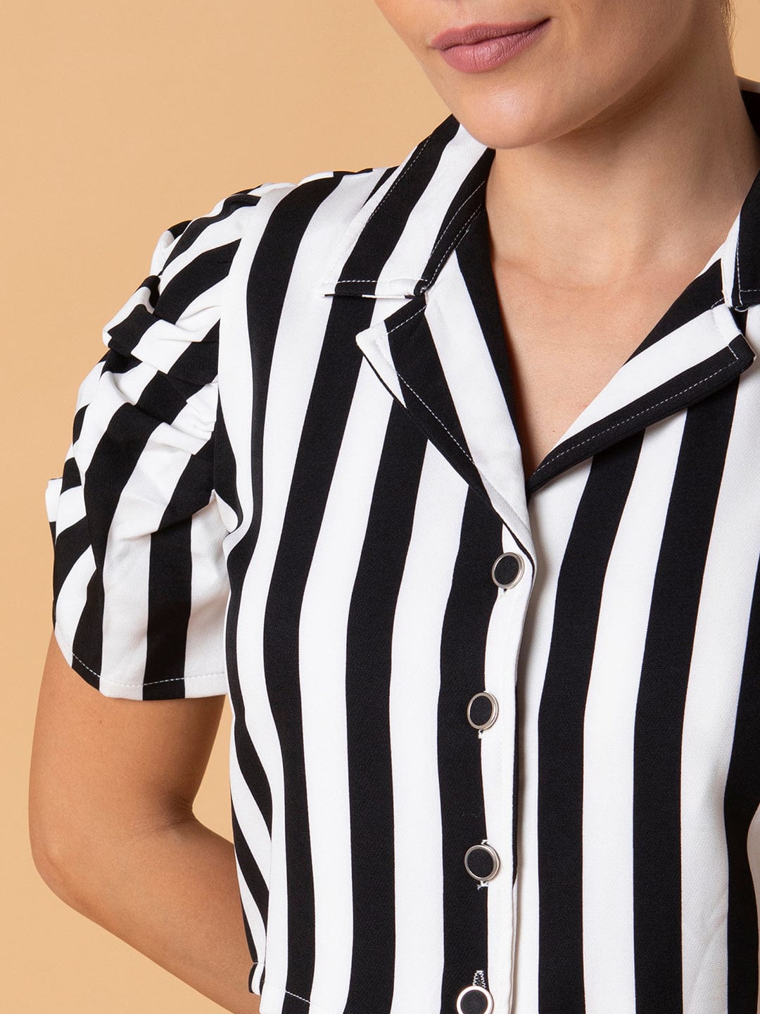 Women's Black Vertical Striped Lapel Collar Cotton Top