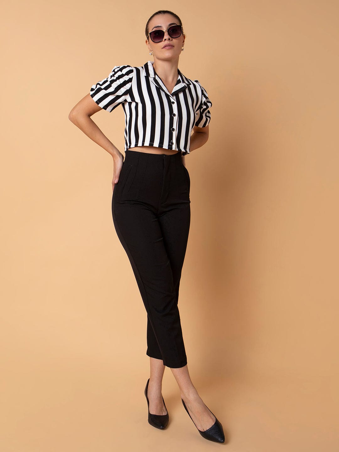 Women's Black Vertical Striped Lapel Collar Cotton Top