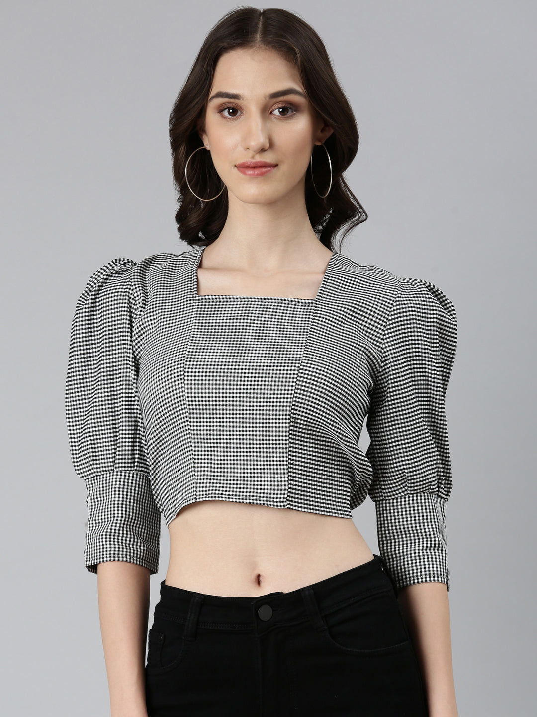 Women's Black Checked Puff Sleeves Cotton Crop Top