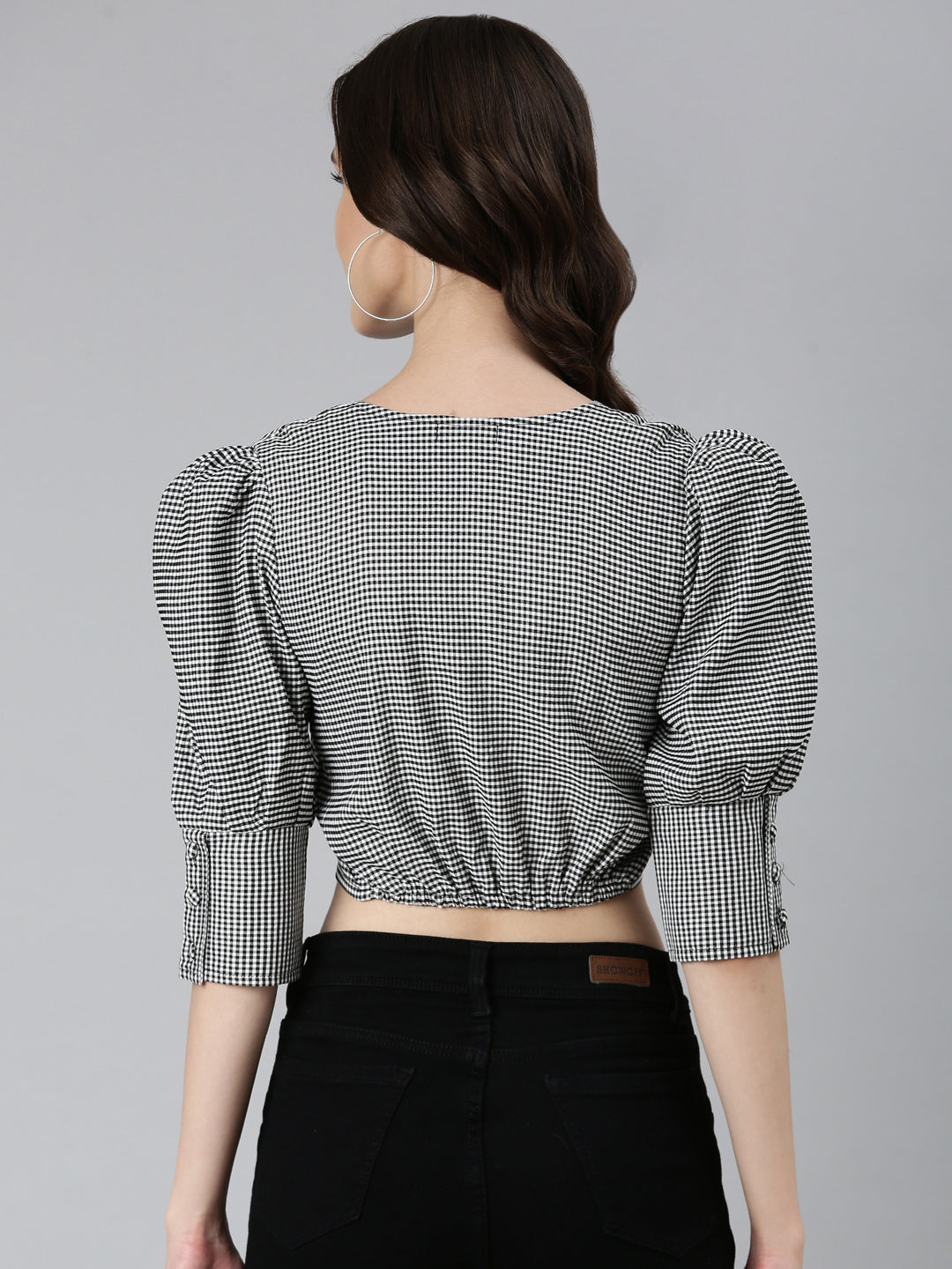 Women's Black Checked Puff Sleeves Cotton Crop Top