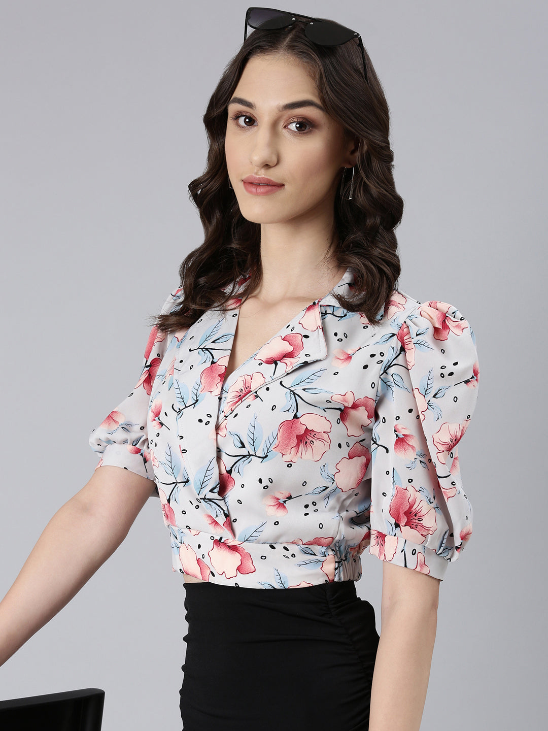 Women's Grey Floral Printed Puffed Sleeve Shirt Collar Crepe Wrap Crop Top