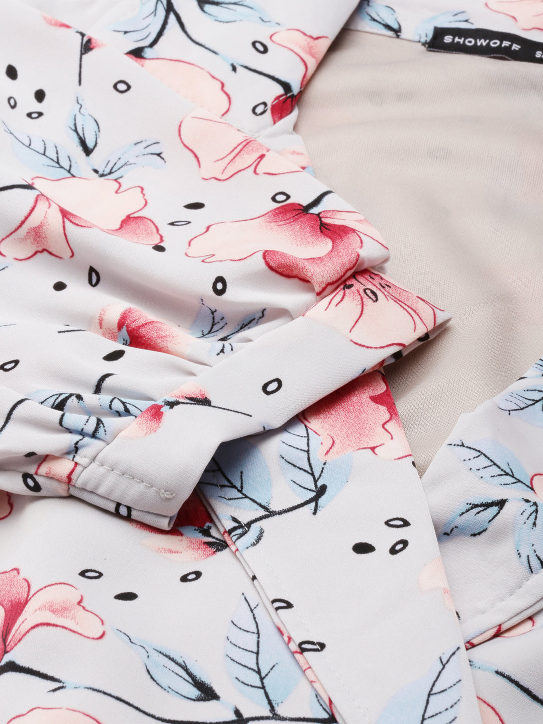 Women's Grey Floral Printed Puffed Sleeve Shirt Collar Crepe Wrap Crop Top