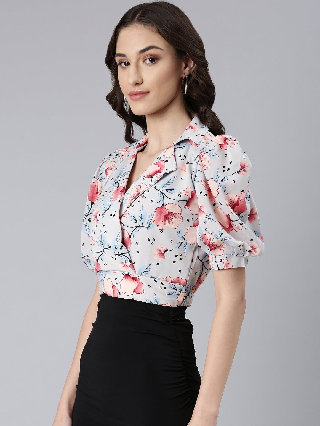 Women's Grey Floral Printed Puffed Sleeve Shirt Collar Crepe Wrap Crop Top