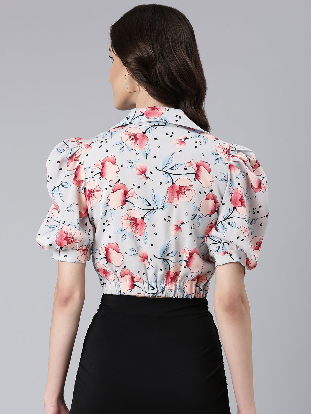 Women's Grey Floral Printed Puffed Sleeve Shirt Collar Crepe Wrap Crop Top