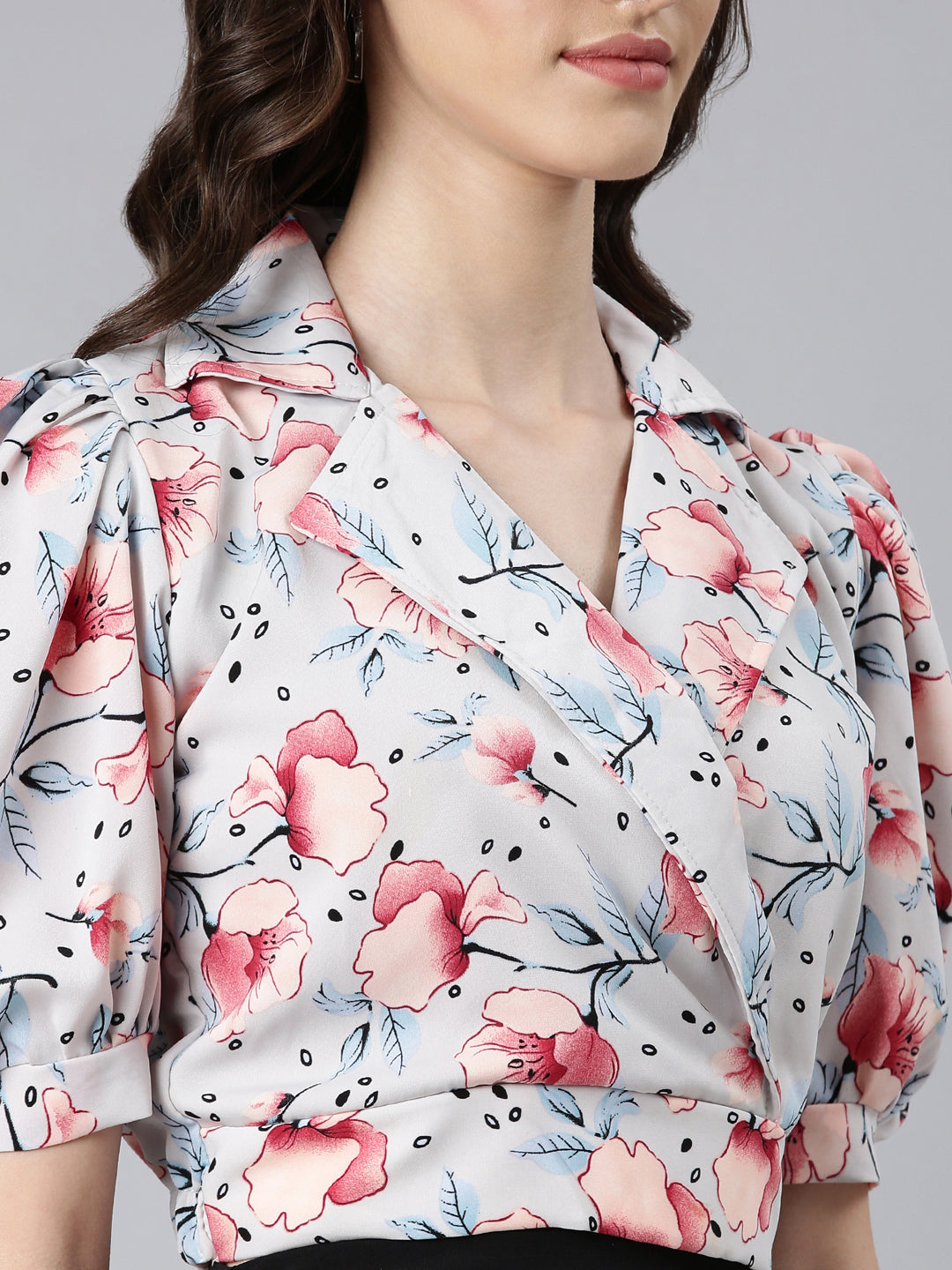 Women's Grey Floral Printed Puffed Sleeve Shirt Collar Crepe Wrap Crop Top