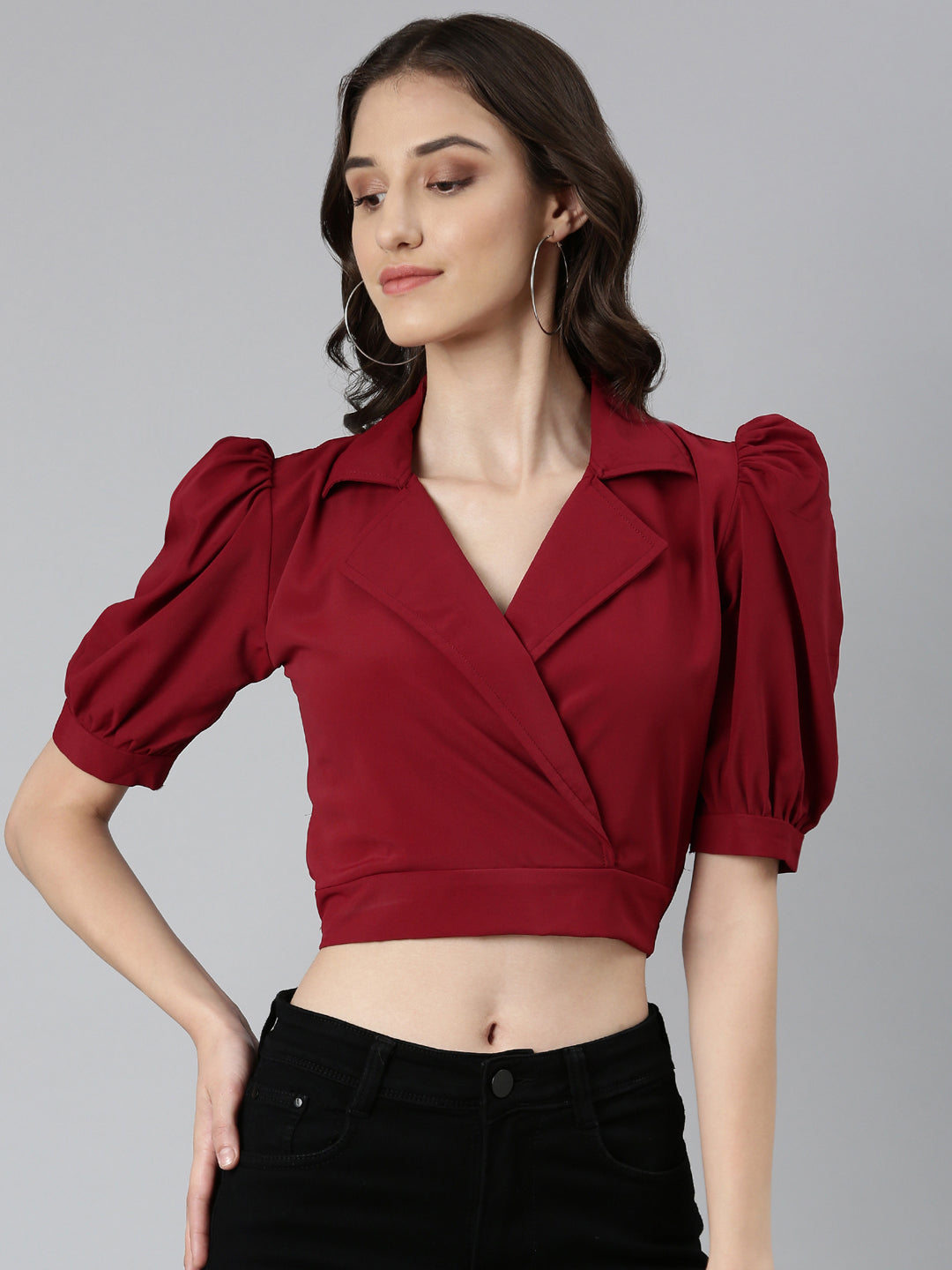 Women's Maroon Puffed Sleeves Shirt Collar Crepe Wrap Crop Top