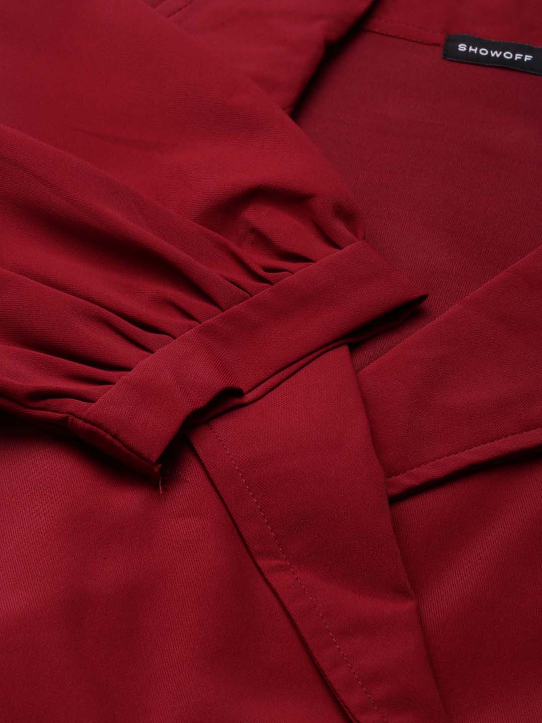 Women's Maroon Puffed Sleeves Shirt Collar Crepe Wrap Crop Top
