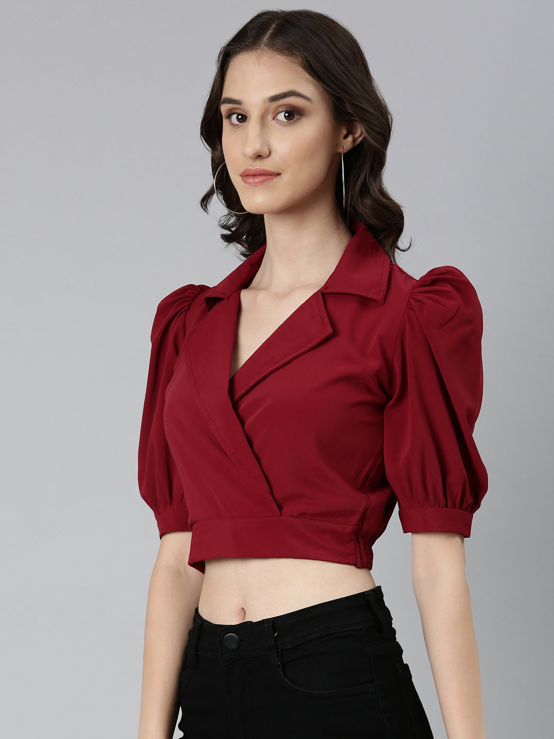 Women's Maroon Puffed Sleeves Shirt Collar Crepe Wrap Crop Top