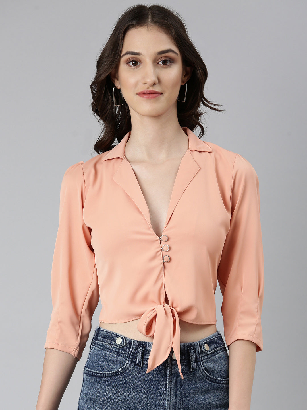 Women's Peach Puff Sleeves Tie-Up Detailed Crepe Crop Top