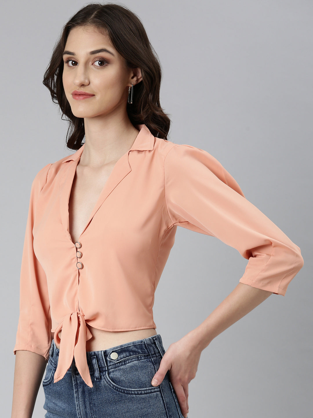 Women's Peach Puff Sleeves Tie-Up Detailed Crepe Crop Top