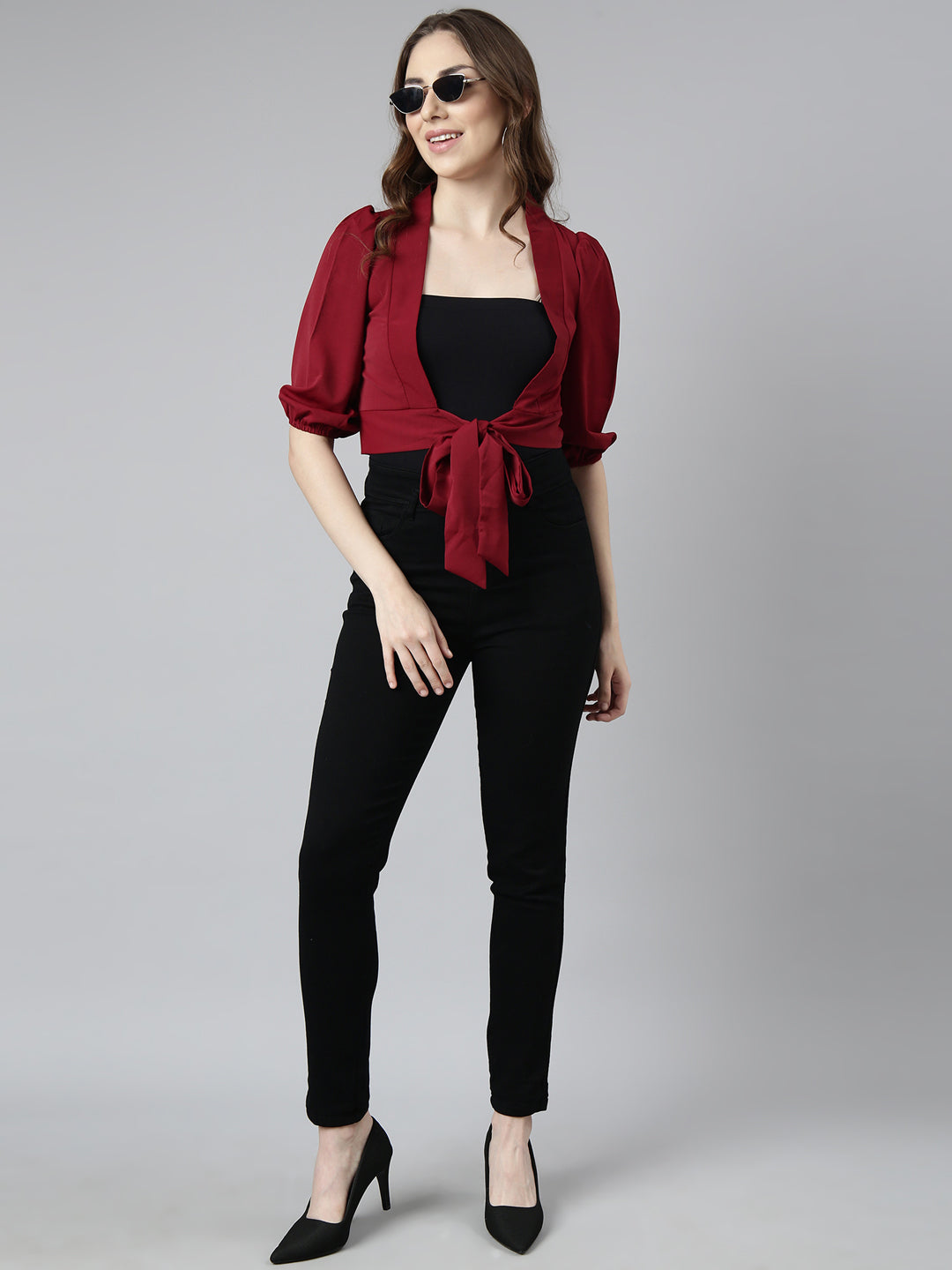 Women's Maroon Puff Sleeves Blouson Crop Top
