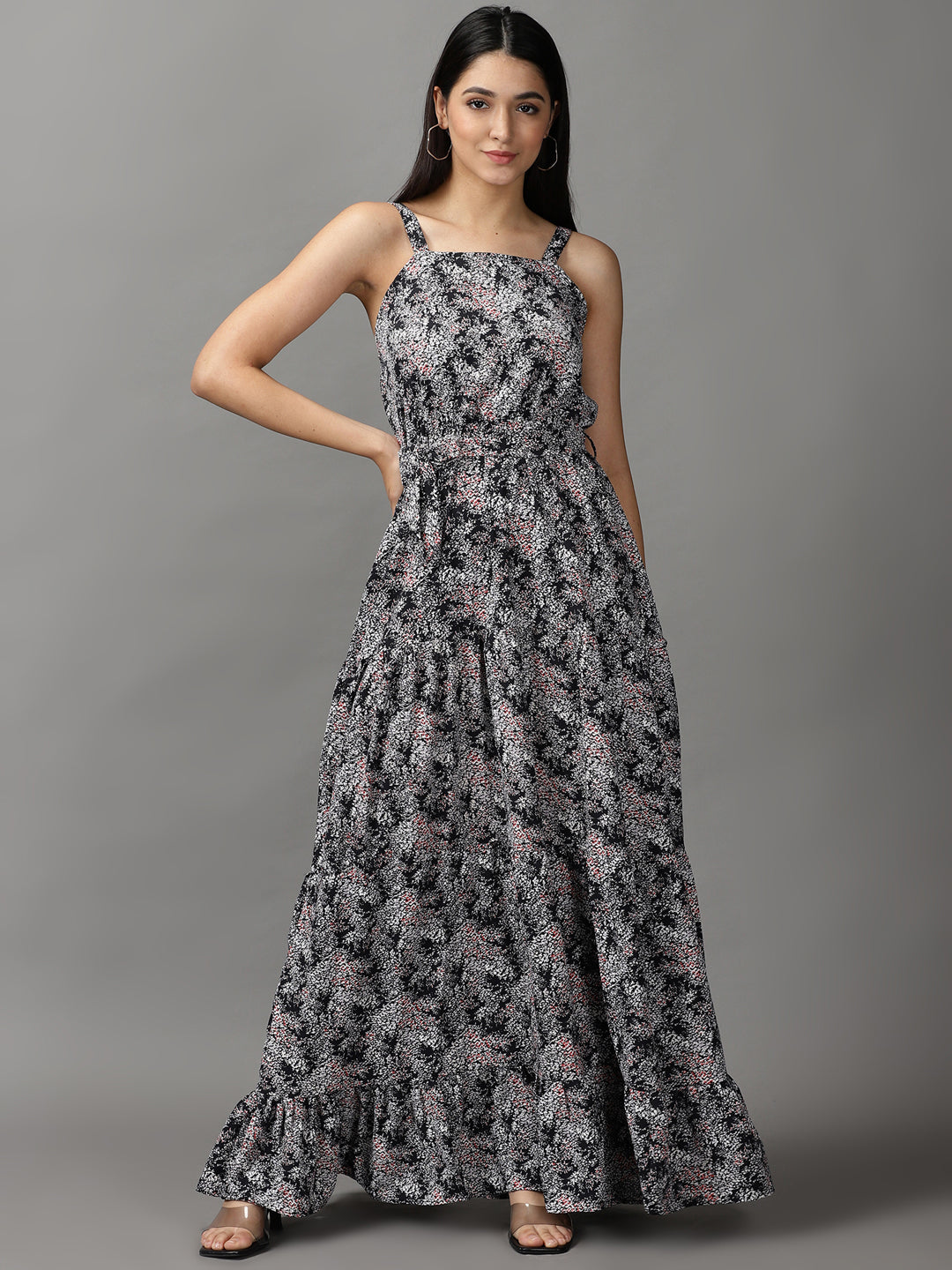 Women's Black Abstract Printed Fit & Flare Maxi Dress
