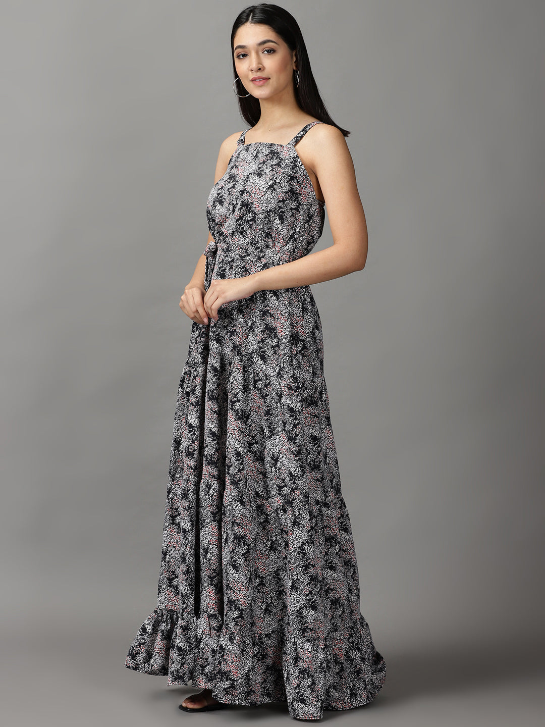 Women's Black Abstract Printed Fit & Flare Maxi Dress