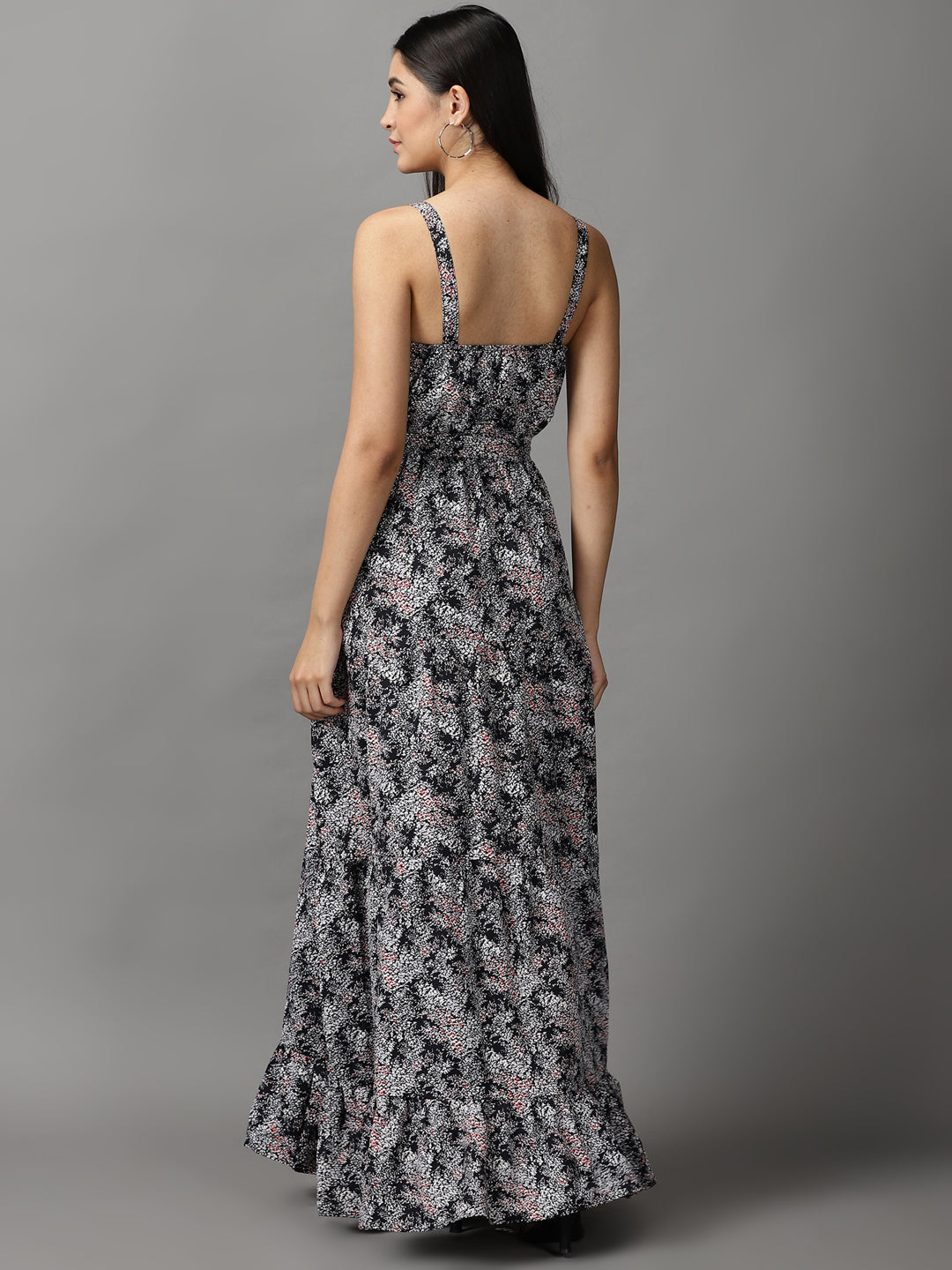 Women's Black Abstract Printed Fit & Flare Maxi Dress