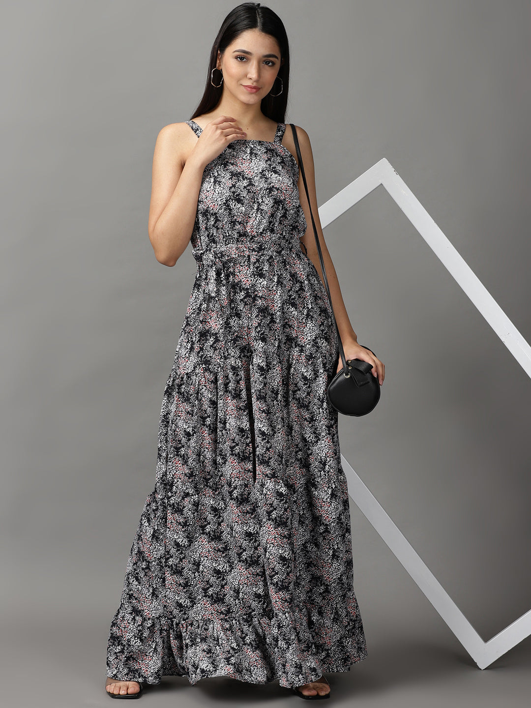 Women's Black Abstract Printed Fit & Flare Maxi Dress