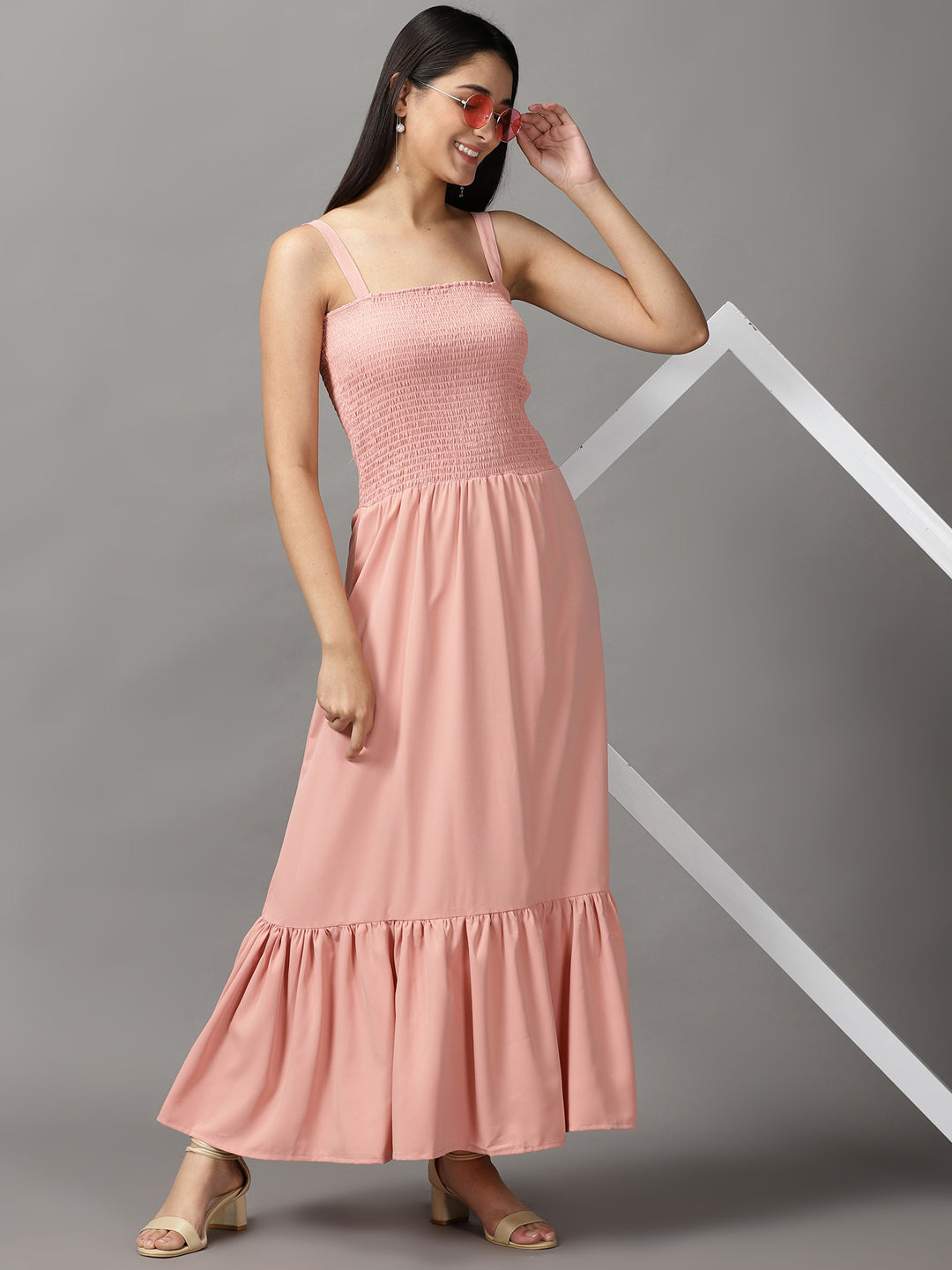Women's Peach Crepe Fit & Flare Midi Dress