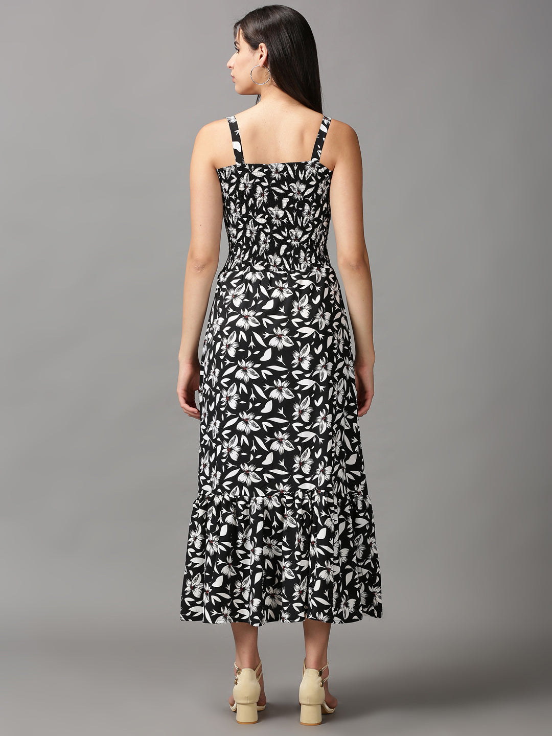 Women's Black Floral Crepe Fit & Flare Midi Dress