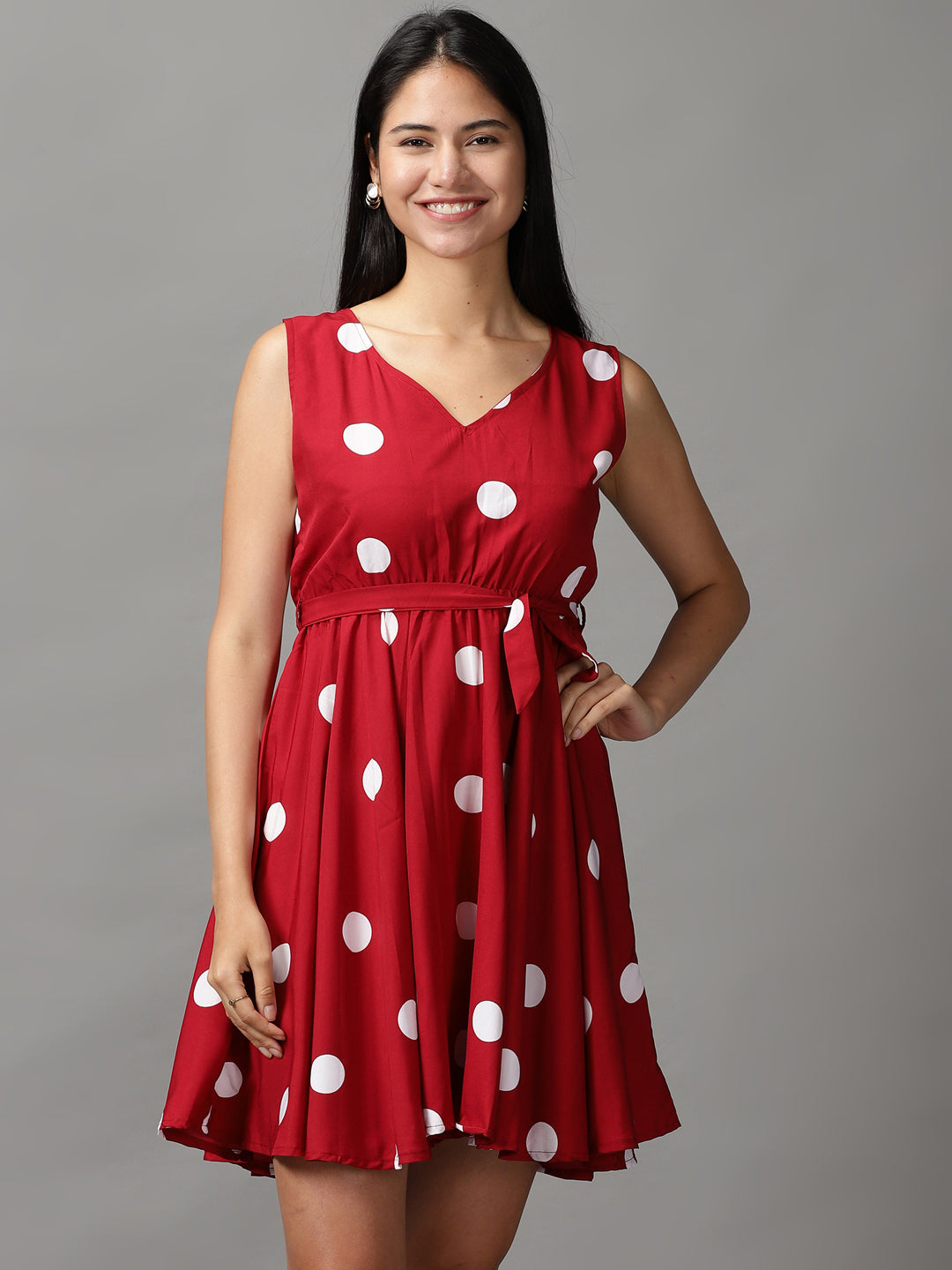 Women's Maroon Polka Dots Fit & Flare Dress