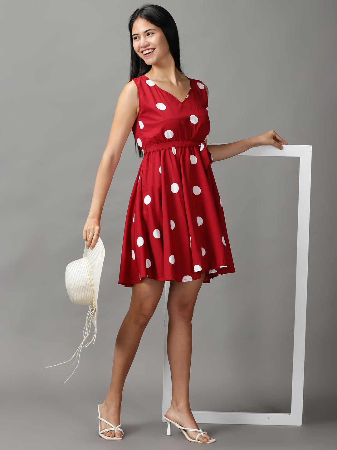 Women's Maroon Polka Dots Fit & Flare Dress